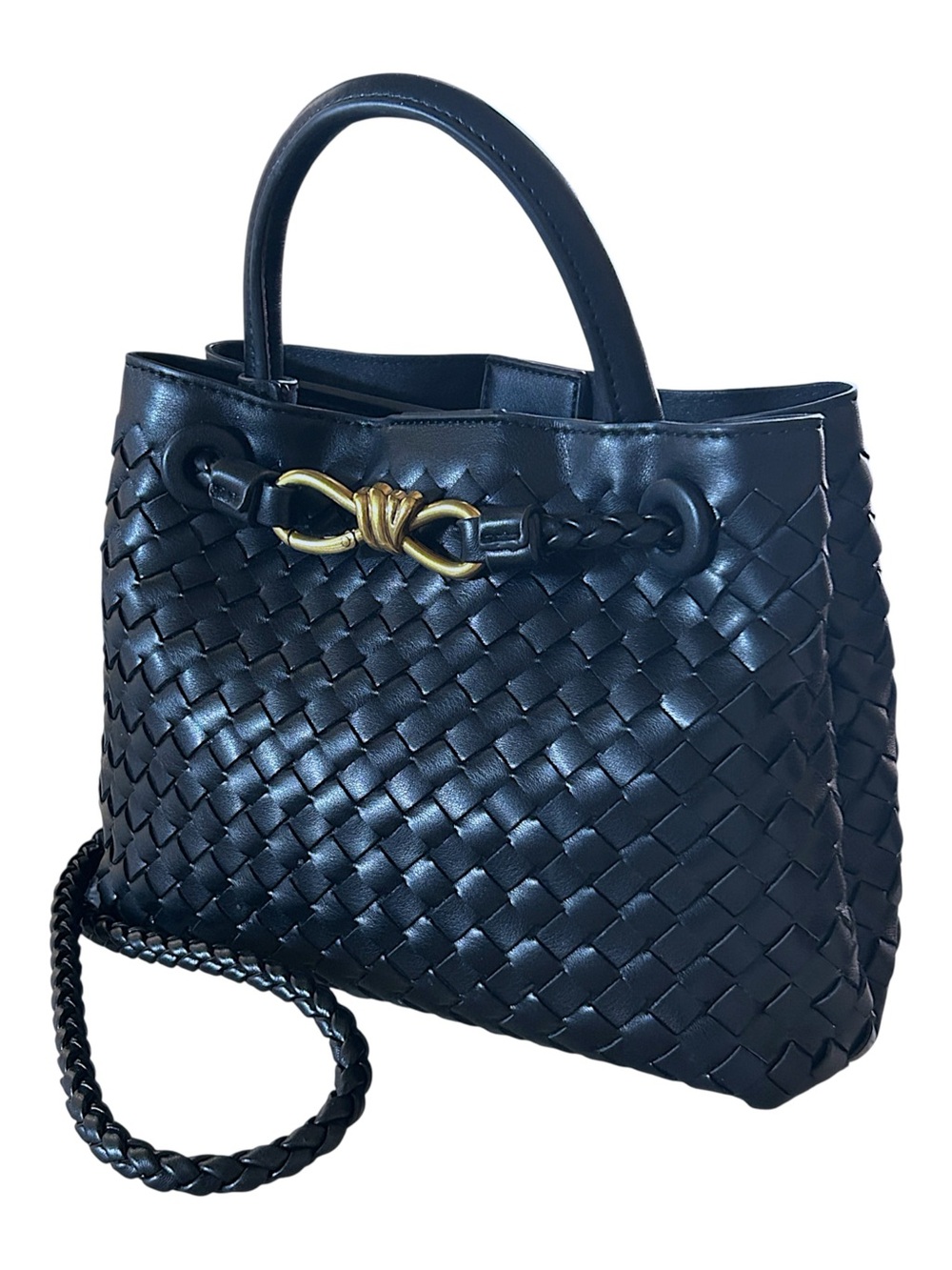 Woven Leather Top-Handle Tote with Gold Accent - Black